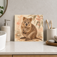 Gentle Quokka ceramic decorative tile in Warm Country, shown in a room mockup