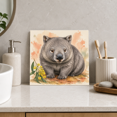 Gentle Wombat ceramic decorative tile in Pop Color, shown in a room mockup