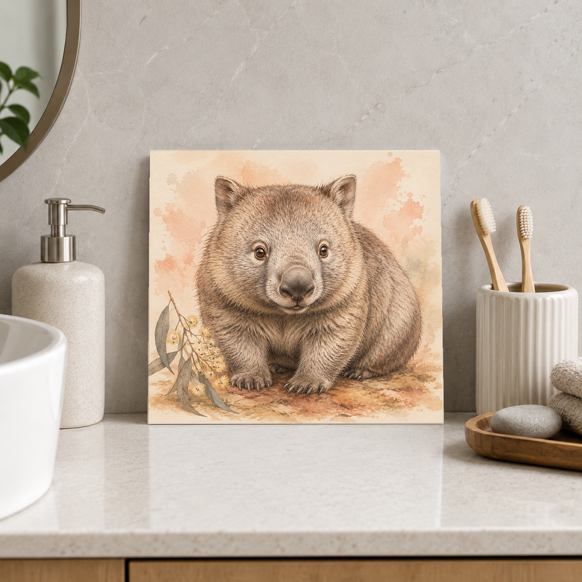 Gentle Wombat ceramic decorative tile in Warm Country, shown in a room mockup