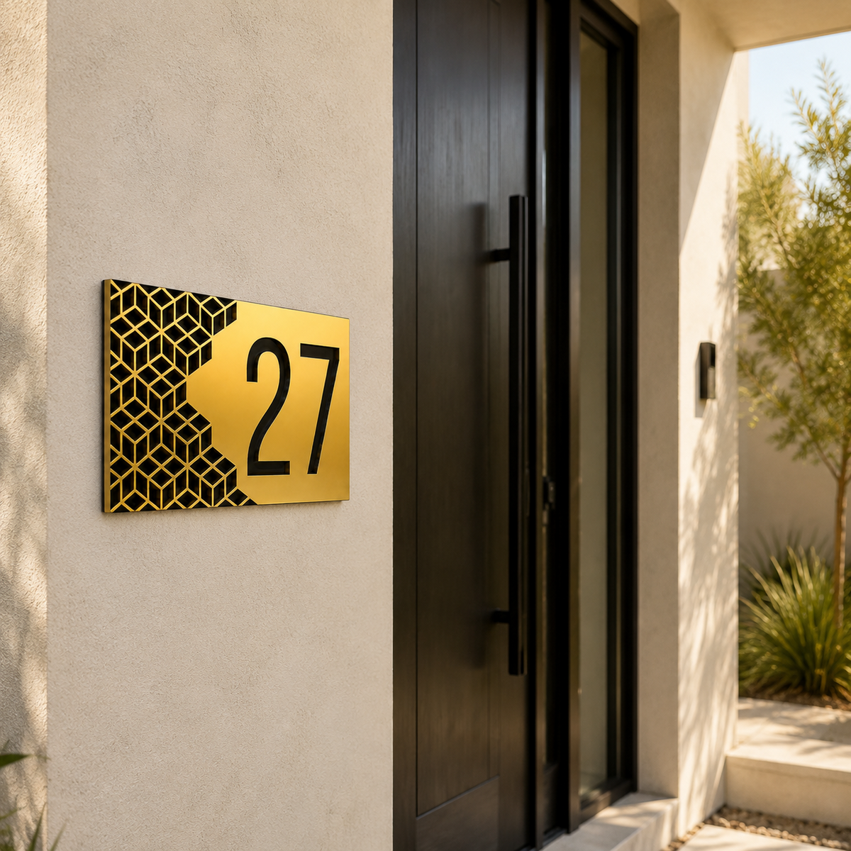 Geometric cube acrylic house number sign installed beside a modern front door