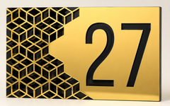 Geometric cube acrylic house number sign in mirror gold and black