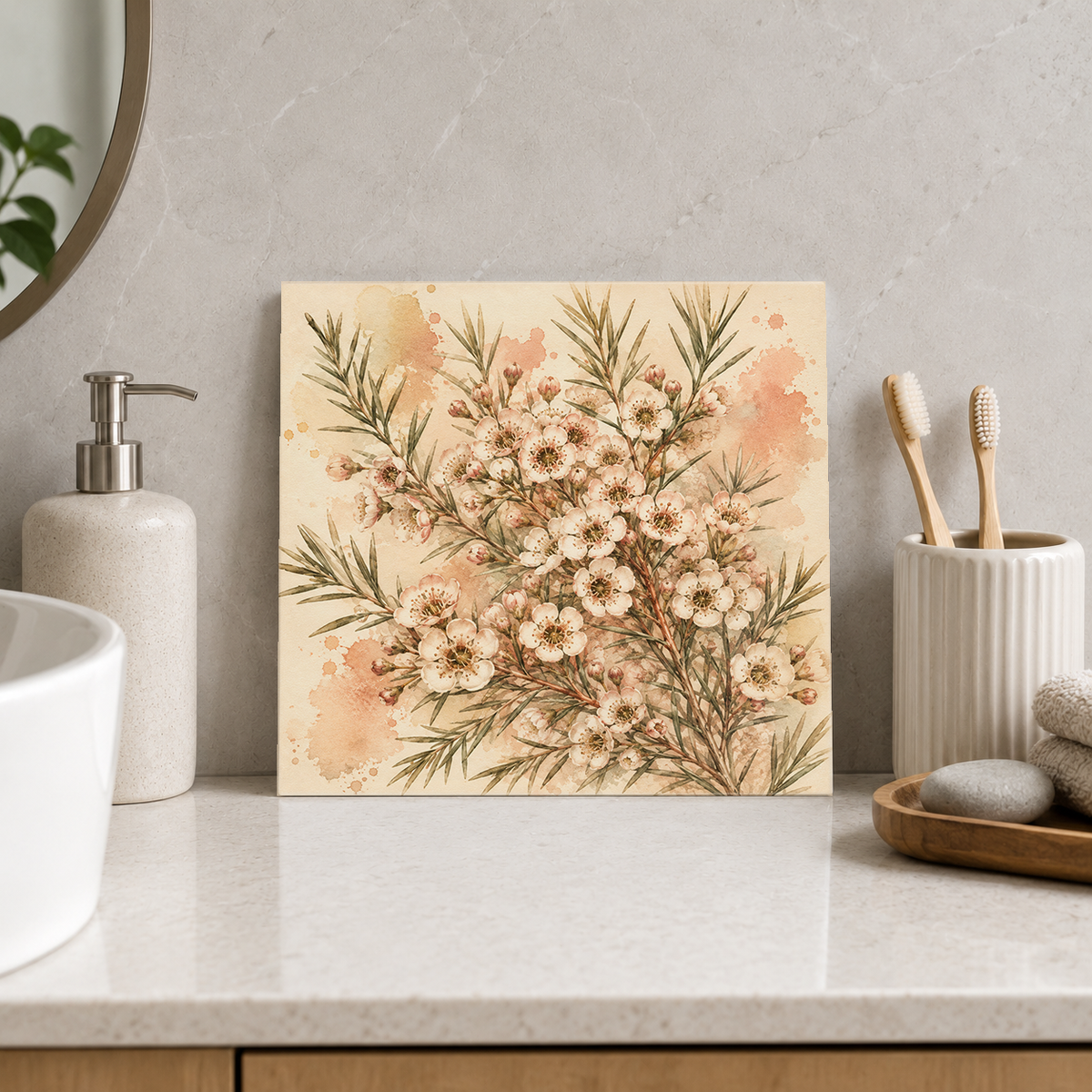 Geraldton Wax ceramic decorative tile in Warm Country, shown in a room mockup