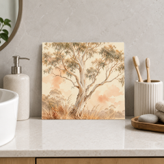 Ghost Gum ceramic decorative tile in Warm Country, shown in a room mockup
