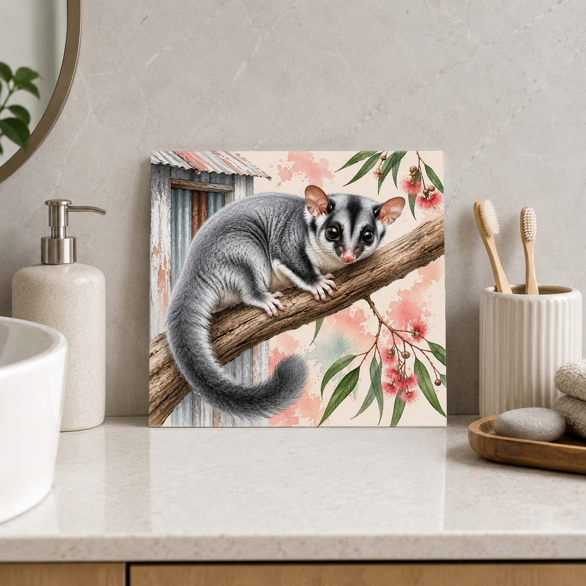 Glider by the Old Shed ceramic decorative tile in Pop Color, shown in a room mockup