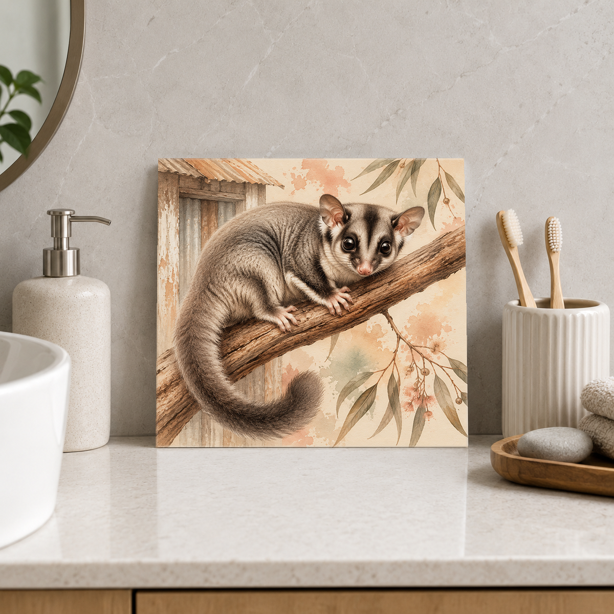 Glider by the Old Shed ceramic decorative tile in Warm Country, shown in a room mockup