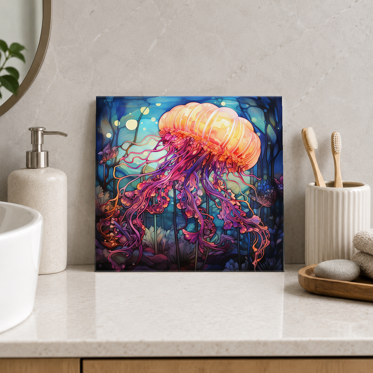 Glowing Pink Jellyfish Tile displayed in the bathroom tile mock-up