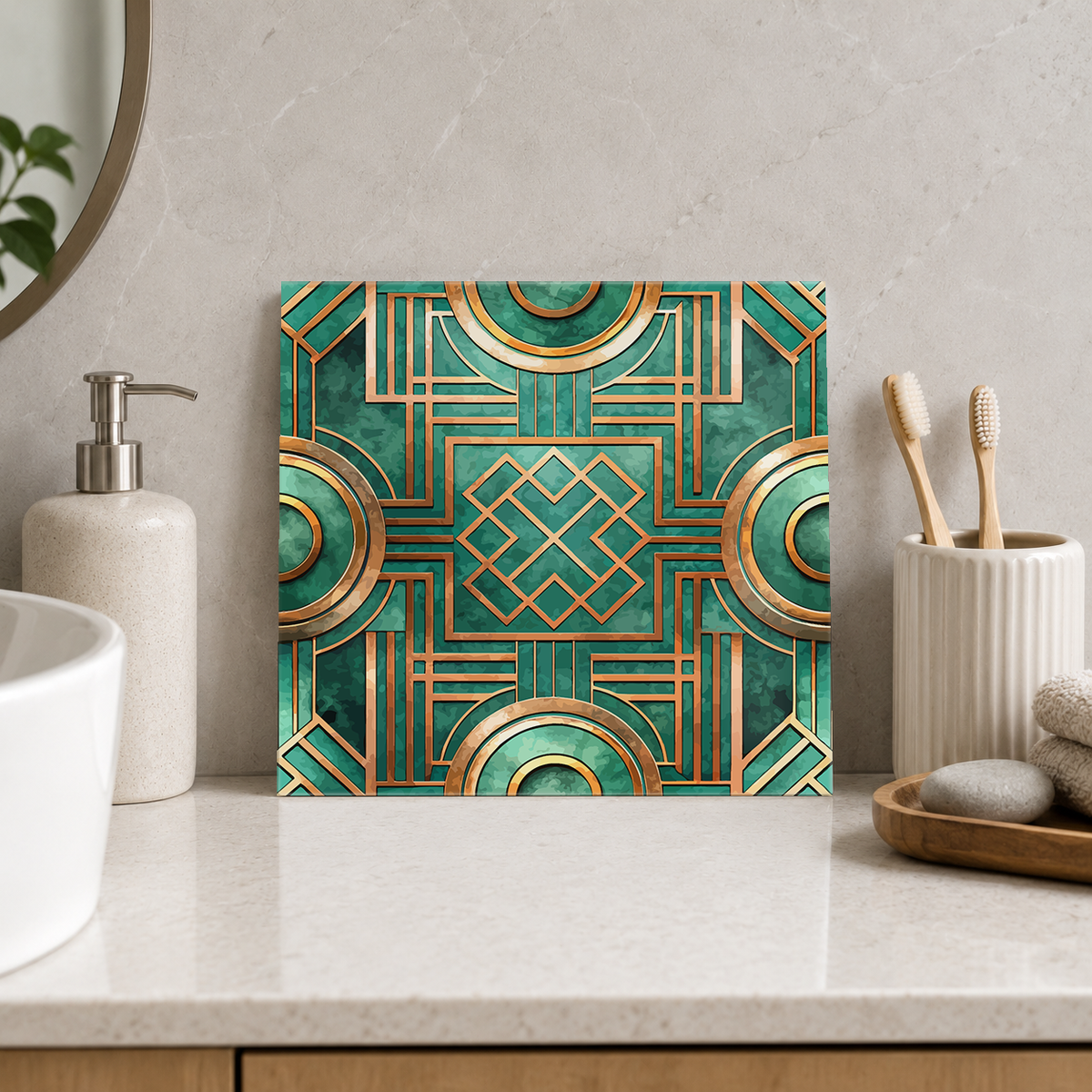 Gold Circle and Knot on Emerald Tile displayed in the bathroom tile mock-up