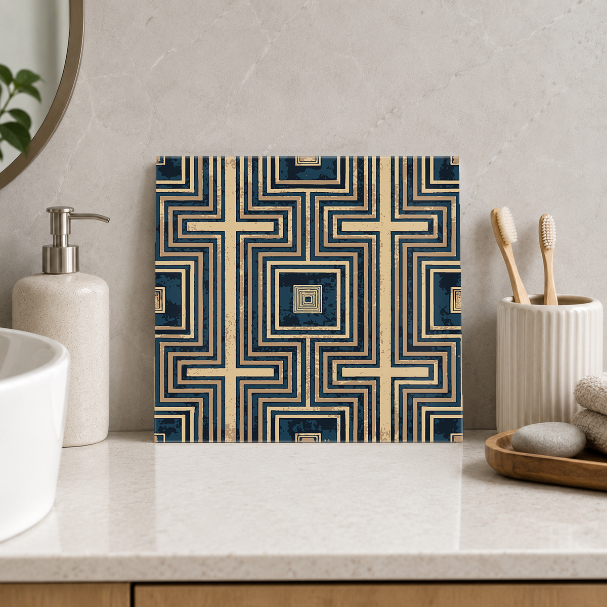 Gold Square Maze on Navy Tile displayed in the bathroom tile mock-up