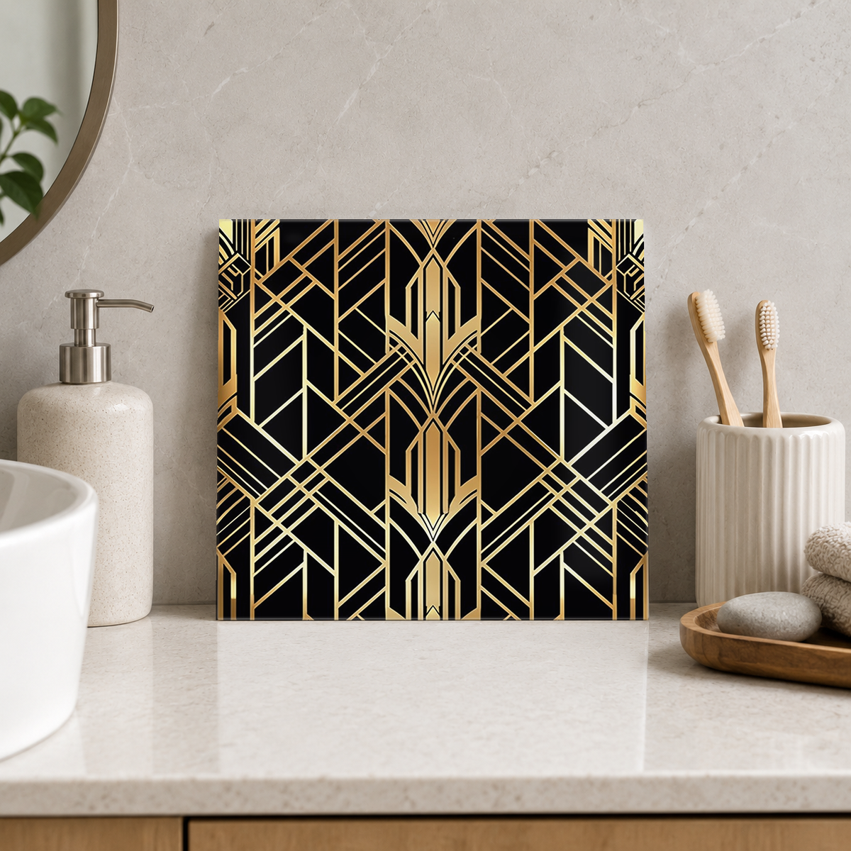 Golden Angular Spires Tile displayed in the bathroom tile mock-up