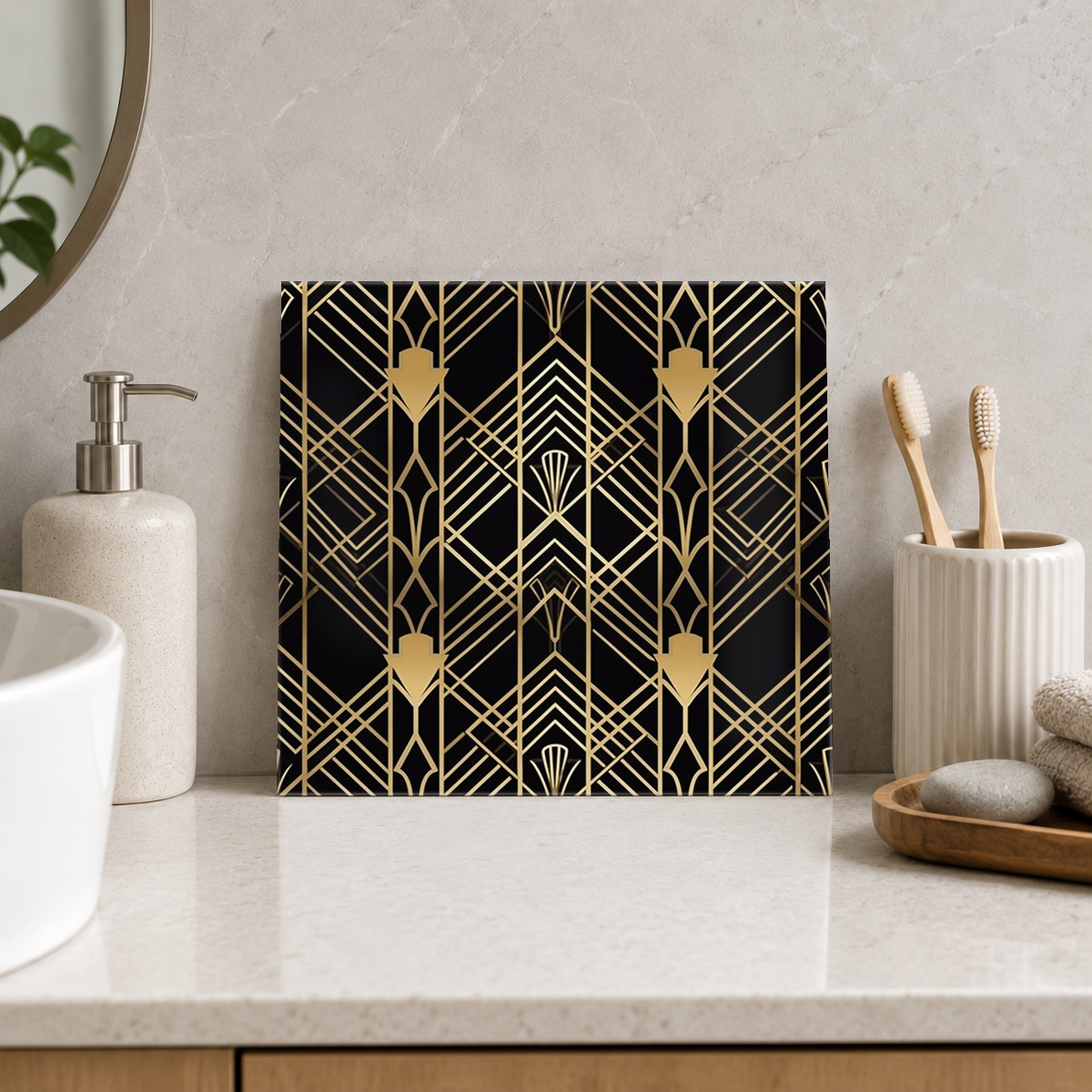 Golden Arrow Lattice Tile displayed in the bathroom tile mock-up