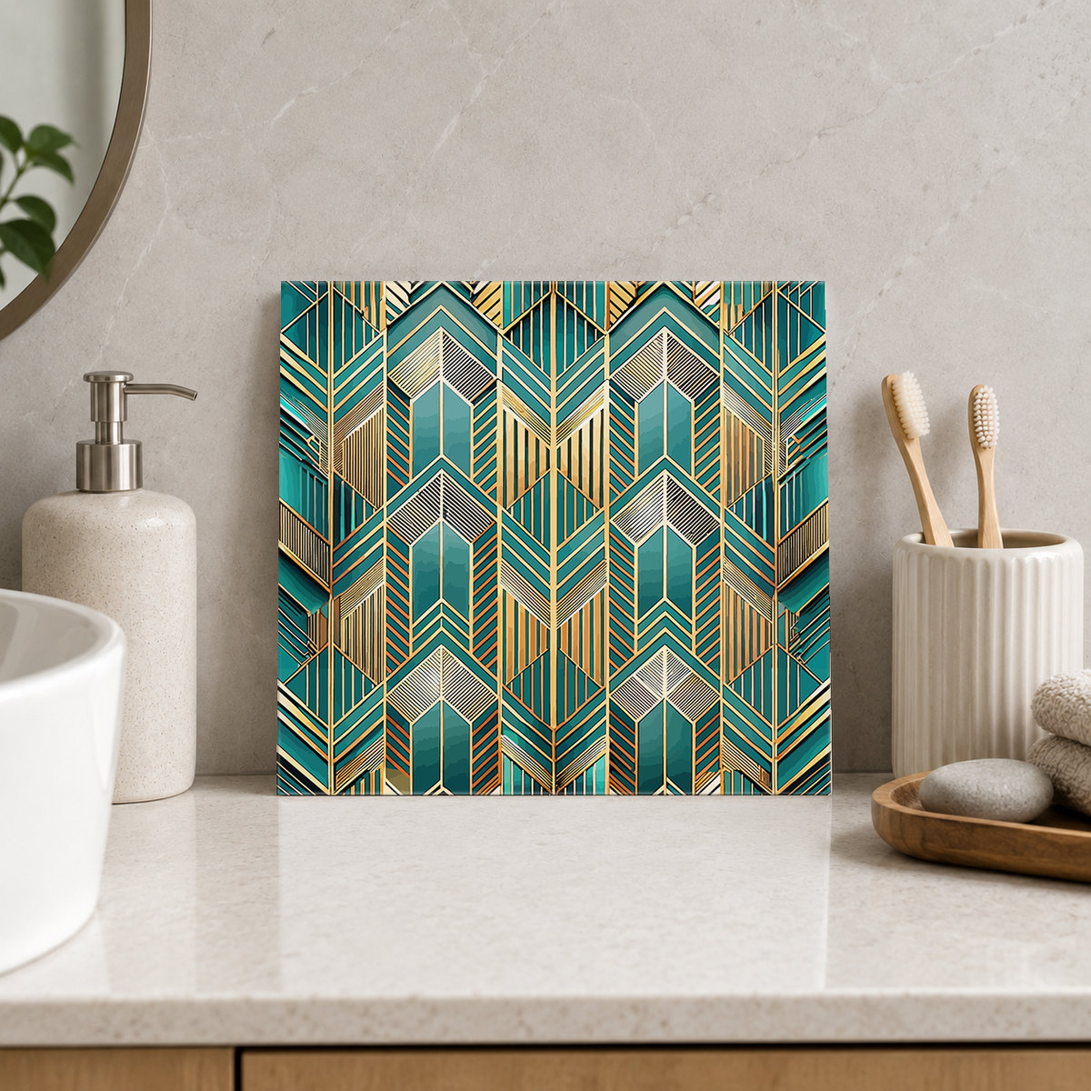 Golden Arrows on Teal Tile displayed in the bathroom tile mock-up