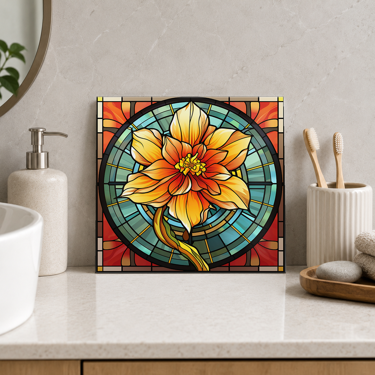 Golden Blossom in Round Window Tile displayed in the bathroom tile mock-up