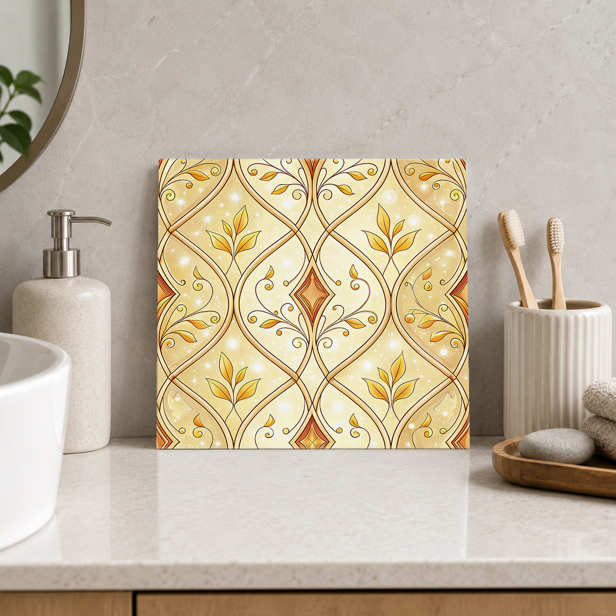 Golden Botanical Scrolls Tile displayed in the bathroom tile mock-up