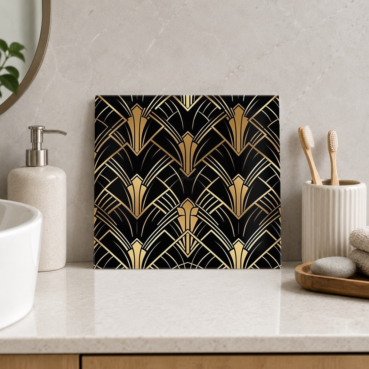 Golden Cascading Feather Fans Tile displayed in the bathroom tile mock-up