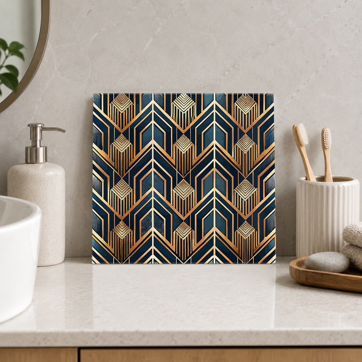 Golden Chevron Columns Tile displayed in the bathroom tile mock-up