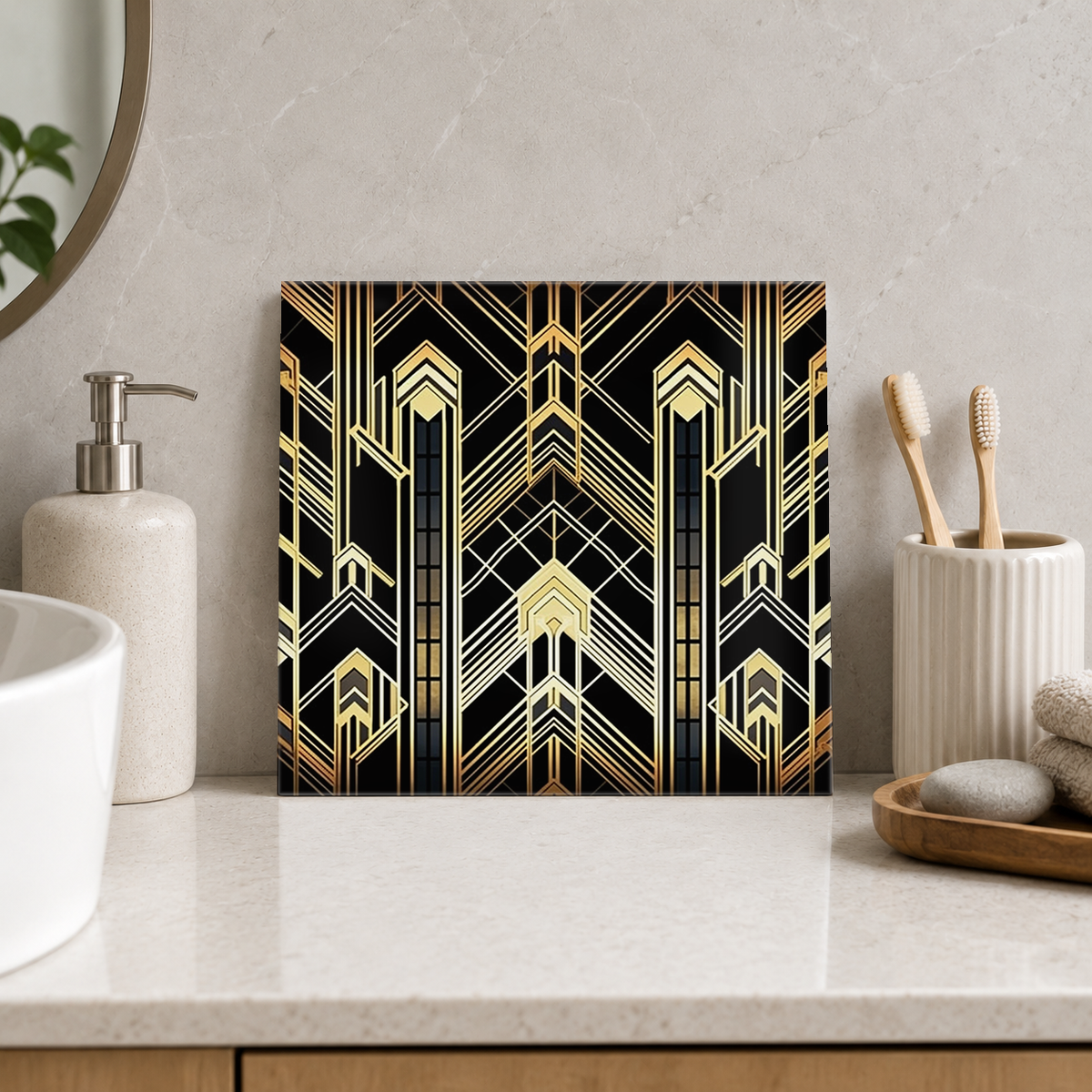 Golden Chevron Towers Tile displayed in the bathroom tile mock-up