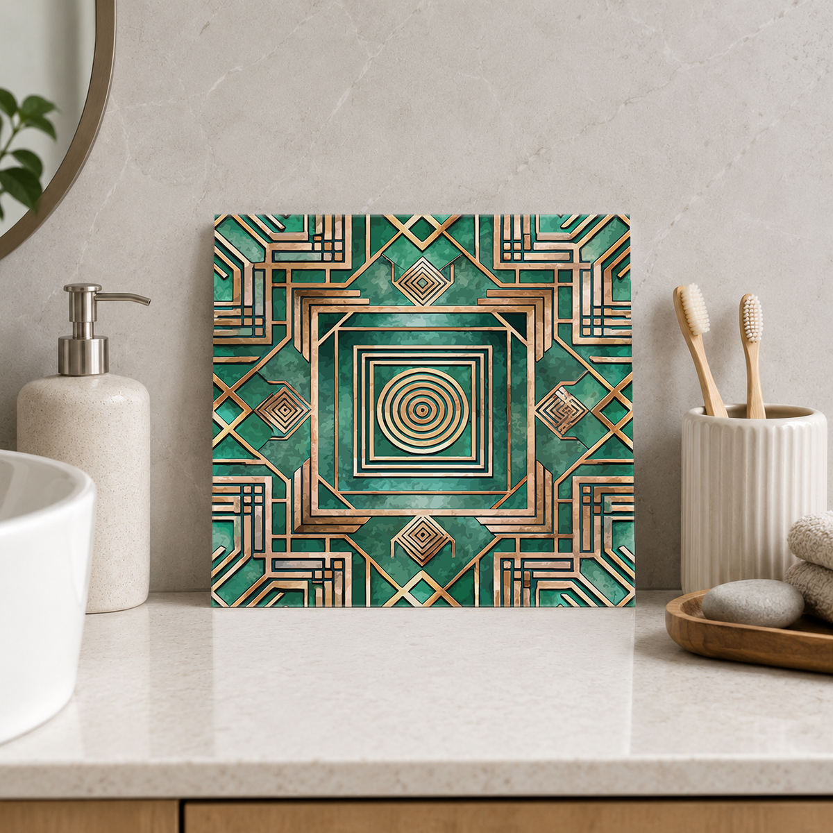 Golden Circle in Square Tile displayed in the bathroom tile mock-up