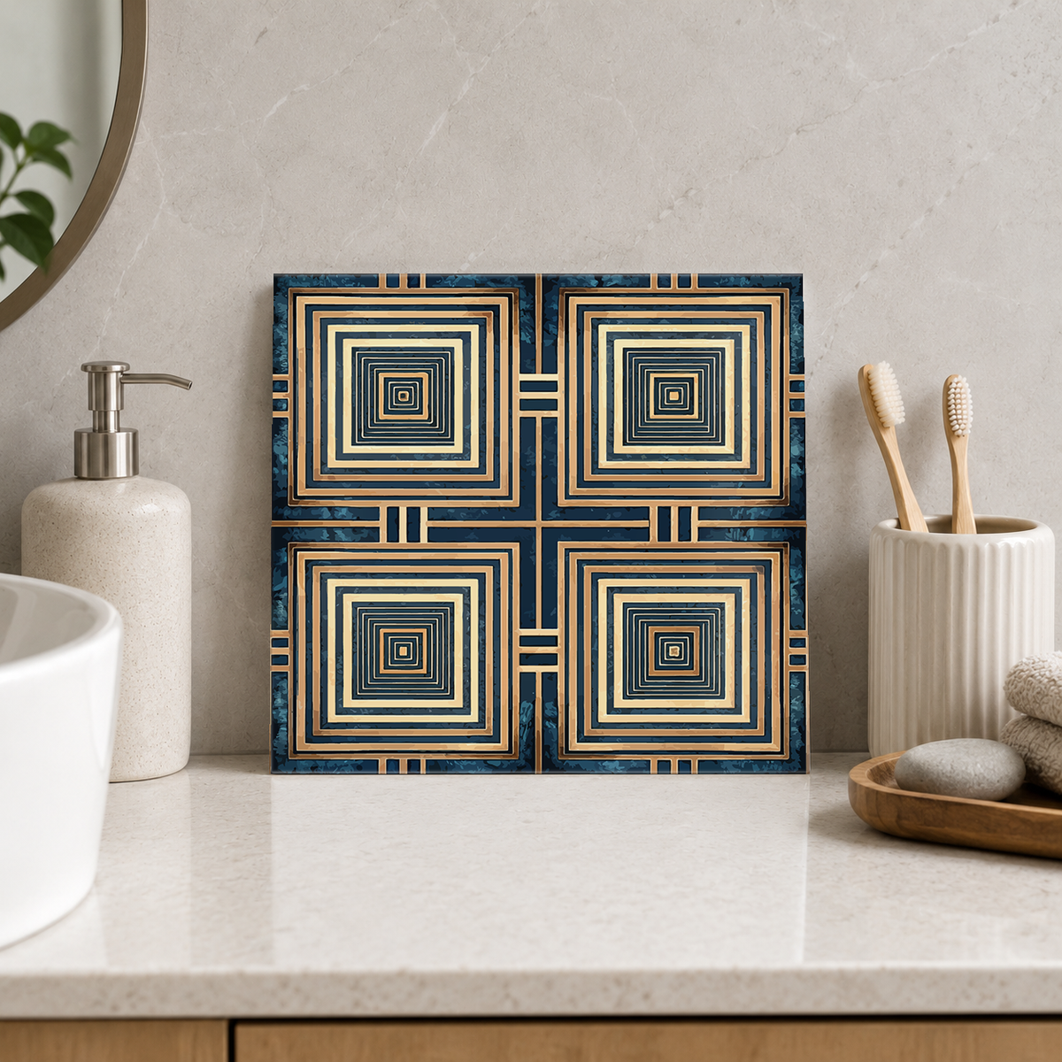 Golden Concentric Squares Tile displayed in the bathroom tile mock-up