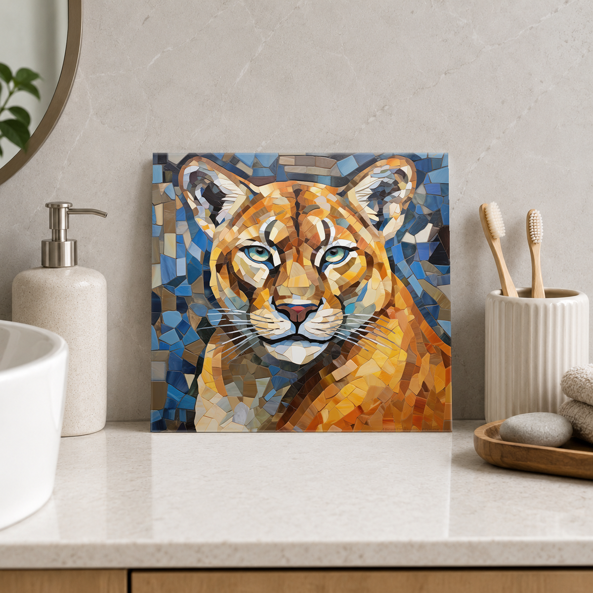 Golden Cougar Portrait Tile displayed in the bathroom tile mock-up