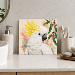Golden Crest Cockatoo ceramic decorative tile in Pop Color, shown in a room mockup