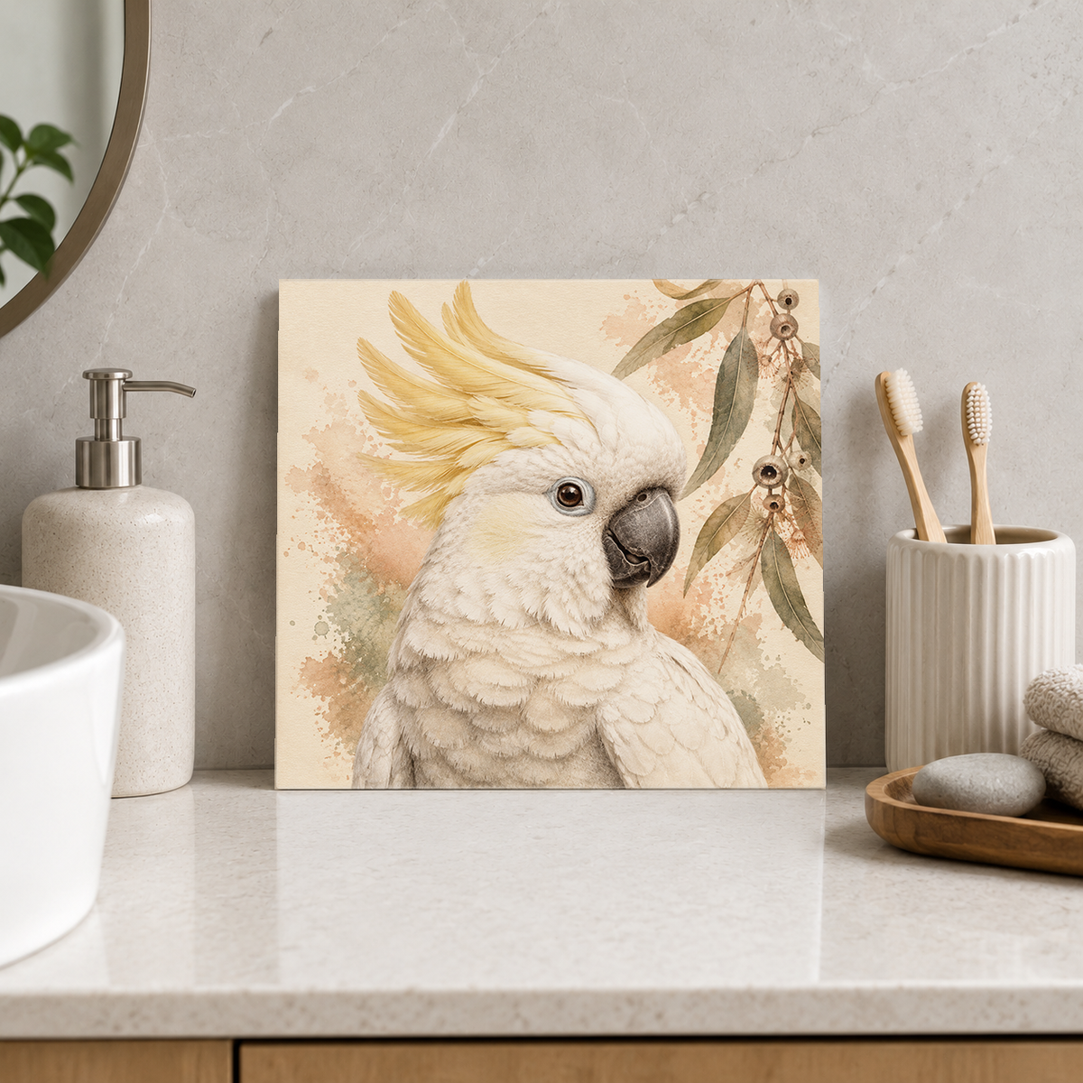 Golden Crest Cockatoo ceramic decorative tile in Warm Country, shown in a room mockup