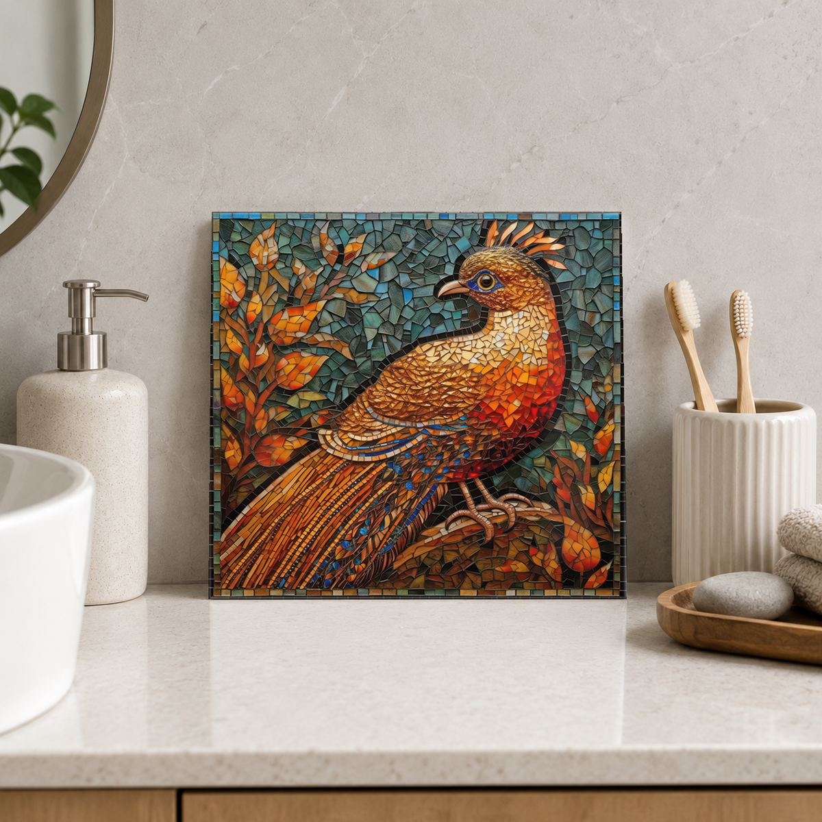 Golden Crested Bird Tile displayed in the bathroom tile mock-up