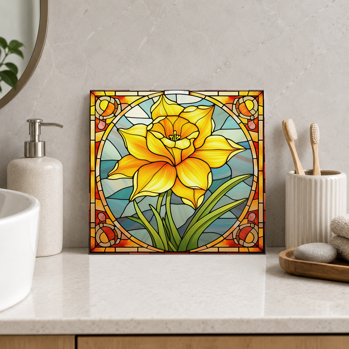 Golden Daffodil in Amber Frame Tile displayed in the bathroom tile mock-up