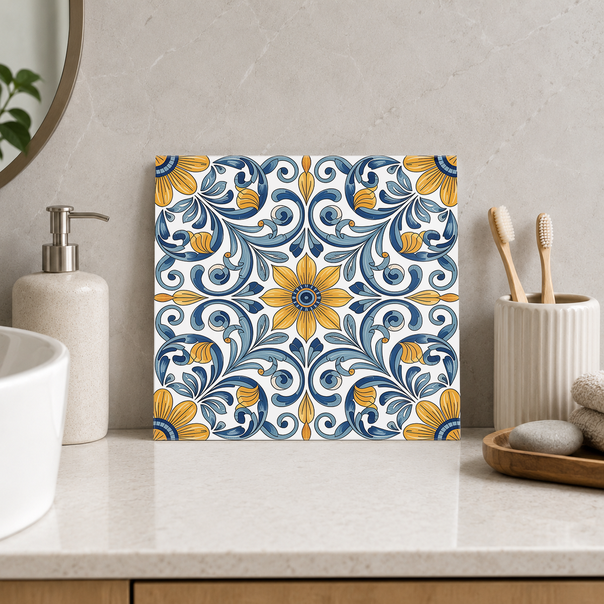 Golden Daisy and Blue Acanthus Tile displayed in the bathroom tile mock-up
