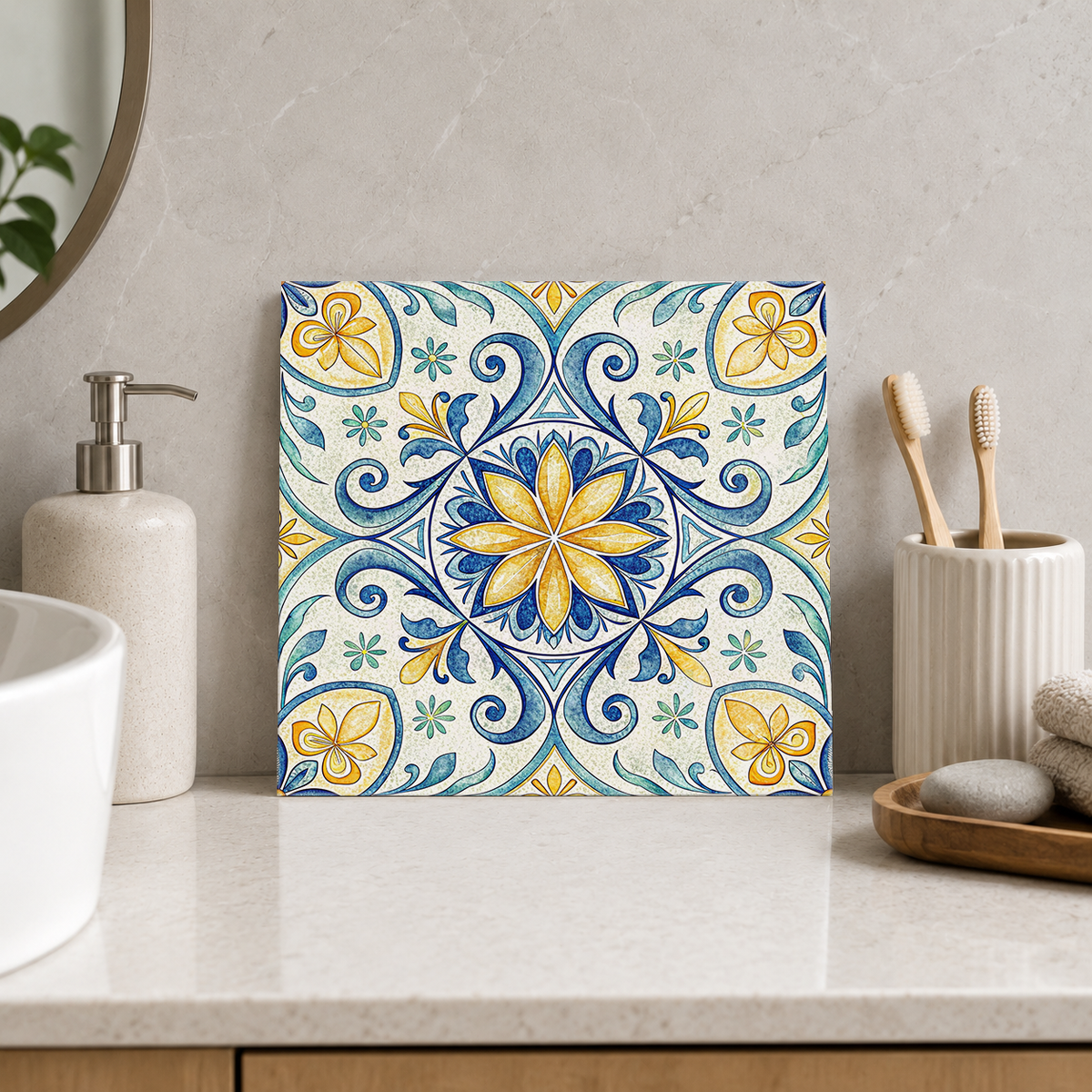 Golden Daisy with Blue Scrolls Tile displayed in the bathroom tile mock-up