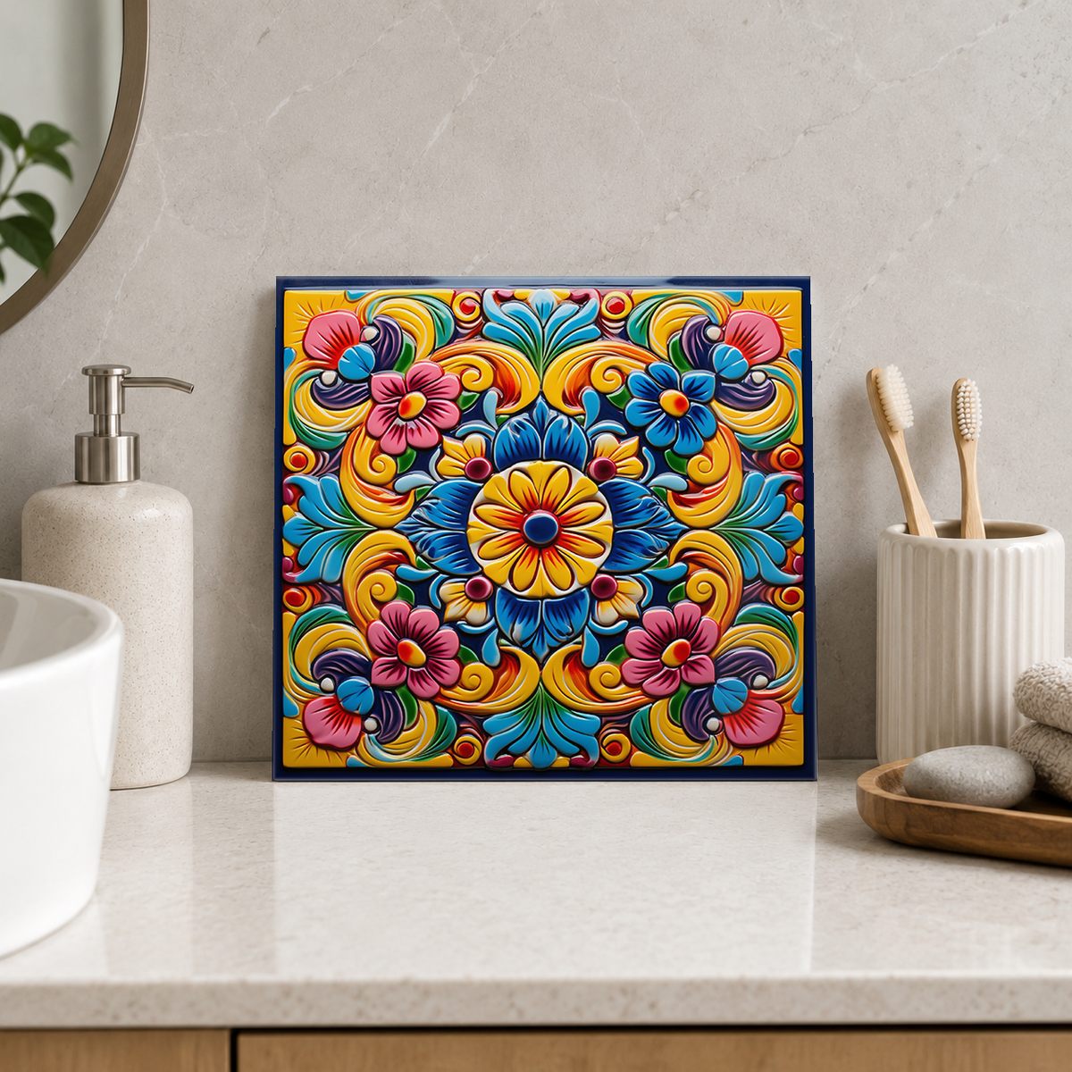 Golden Daisy with Pink Floral Scrolls Tile displayed in the bathroom tile mock-up