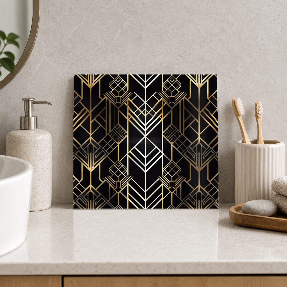 Golden Diamond Linework Tile displayed in the bathroom tile mock-up