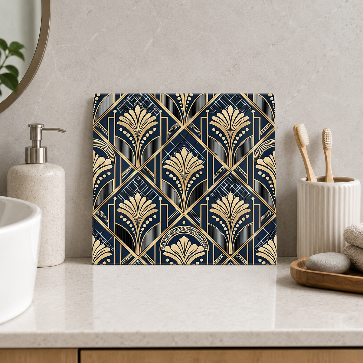 Golden Dotted Floral Spires Tile displayed in the bathroom tile mock-up