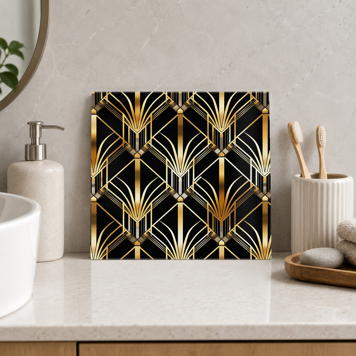 Golden Fan Diamond Lattice Tile displayed in the bathroom tile mock-up
