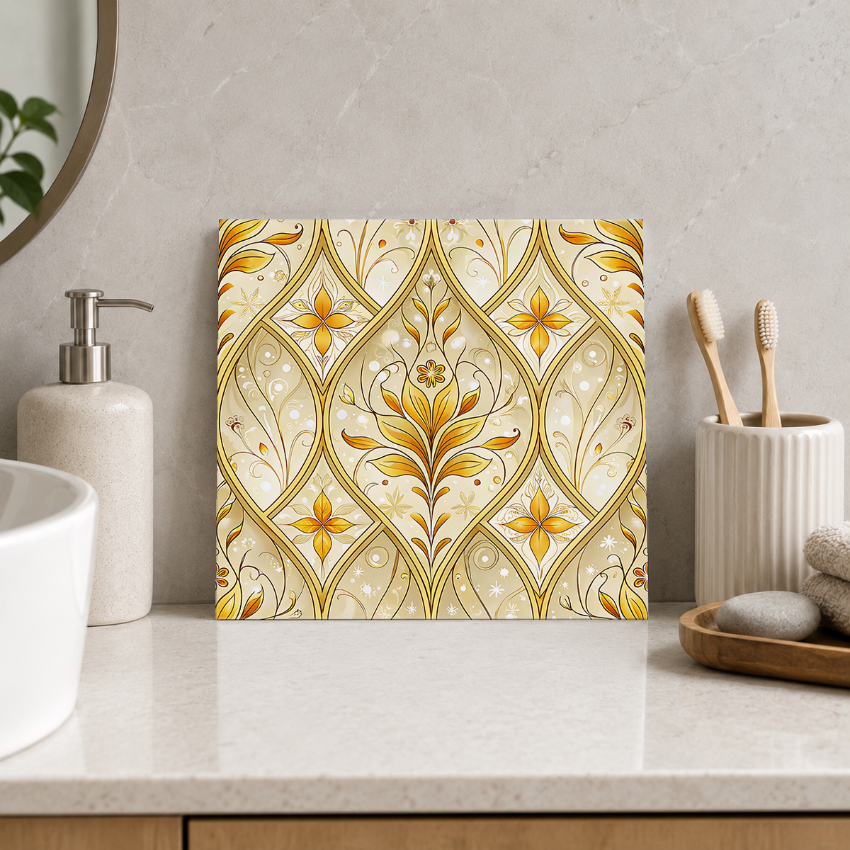 Golden Fleur de Lis Lattice Tile displayed in the bathroom tile mock-up