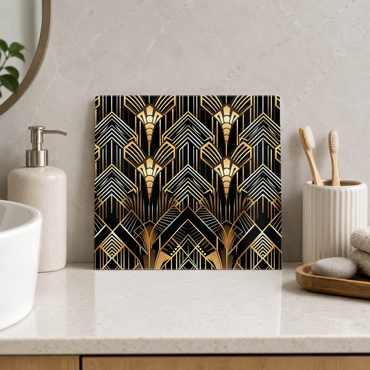 Golden Floral Chevron Tile displayed in the bathroom tile mock-up