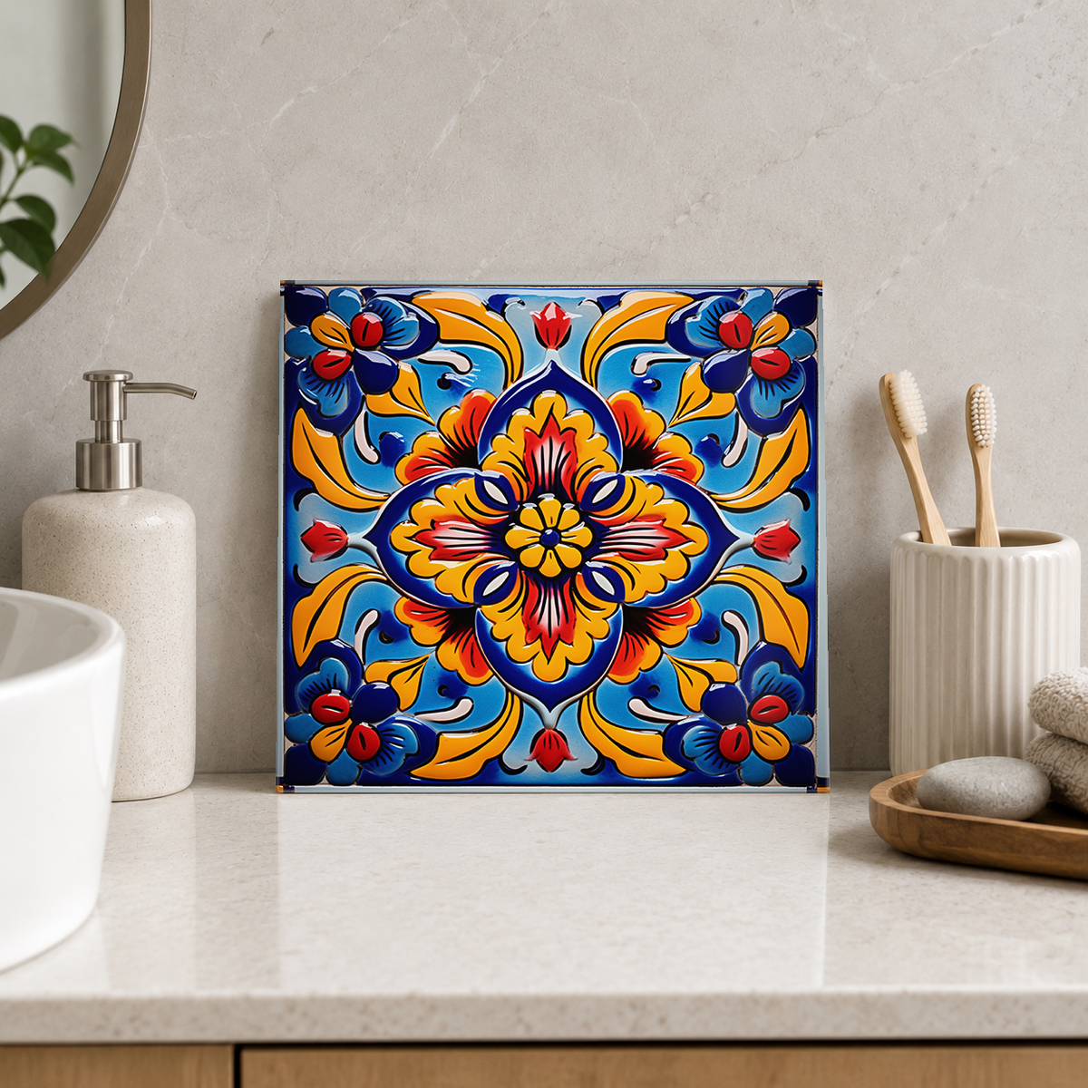 Golden Floral Cross on Blue Tile displayed in the bathroom tile mock-up