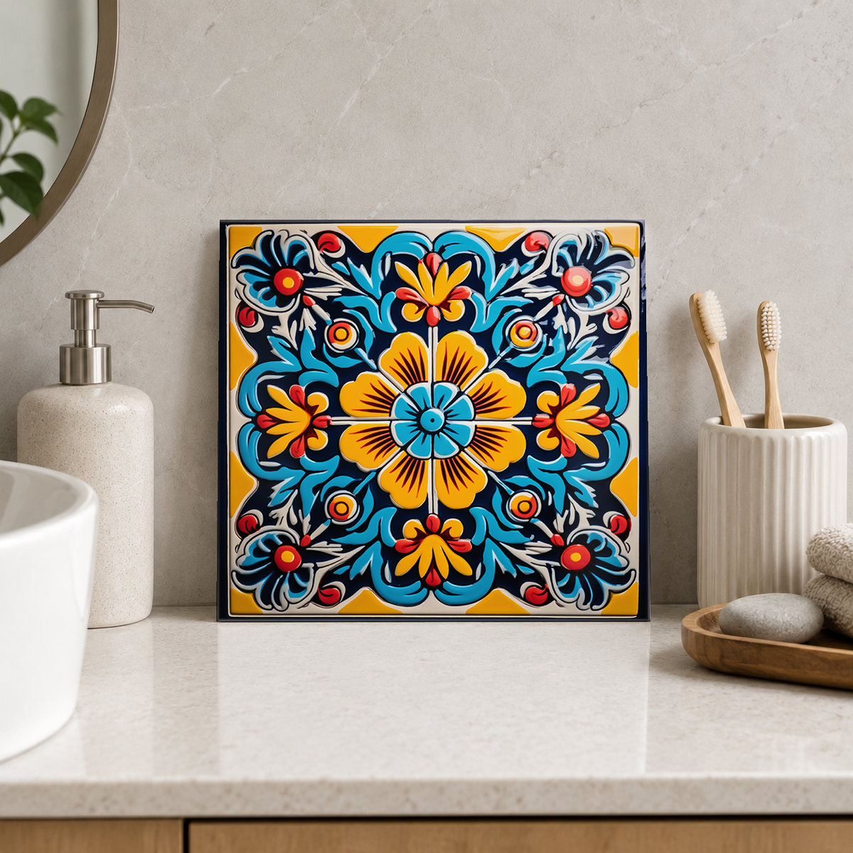 Golden Flower and Aqua Leaf Cross Tile displayed in the bathroom tile mock-up