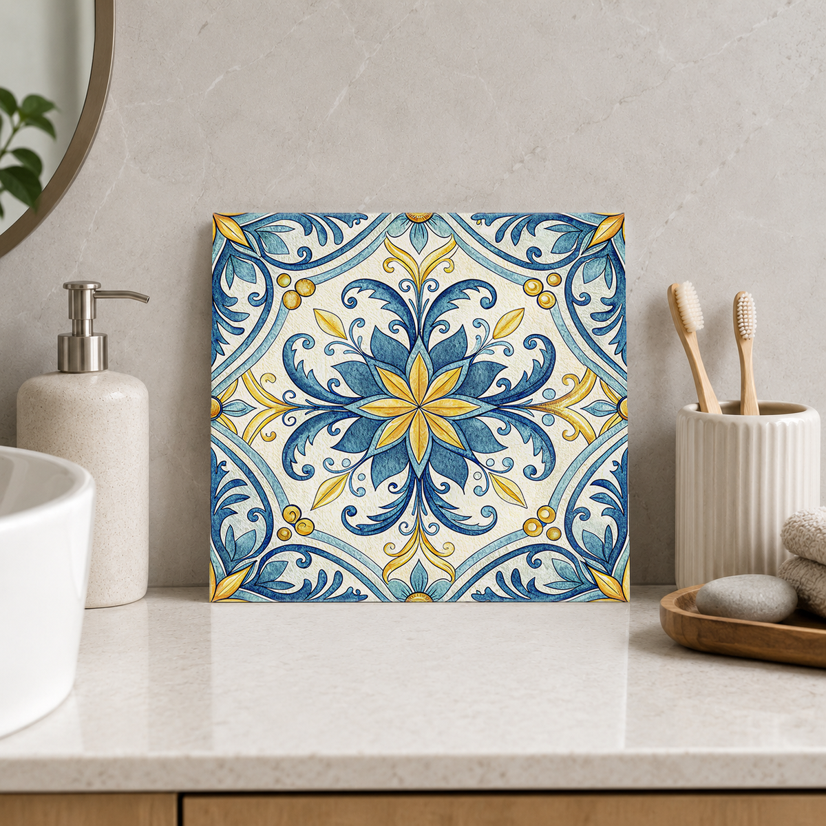 Golden Flower with Blue Vine Cross Tile displayed in the bathroom tile mock-up