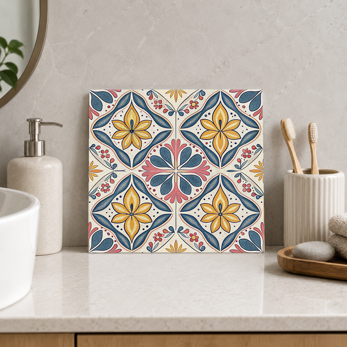 Golden Flowers in Navy Leaf Frames Tile displayed in the bathroom tile mock-up