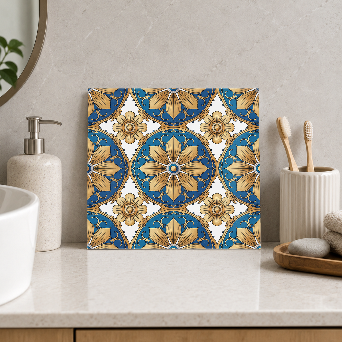 Golden Flowers in Navy Medallions Tile displayed in the bathroom tile mock-up