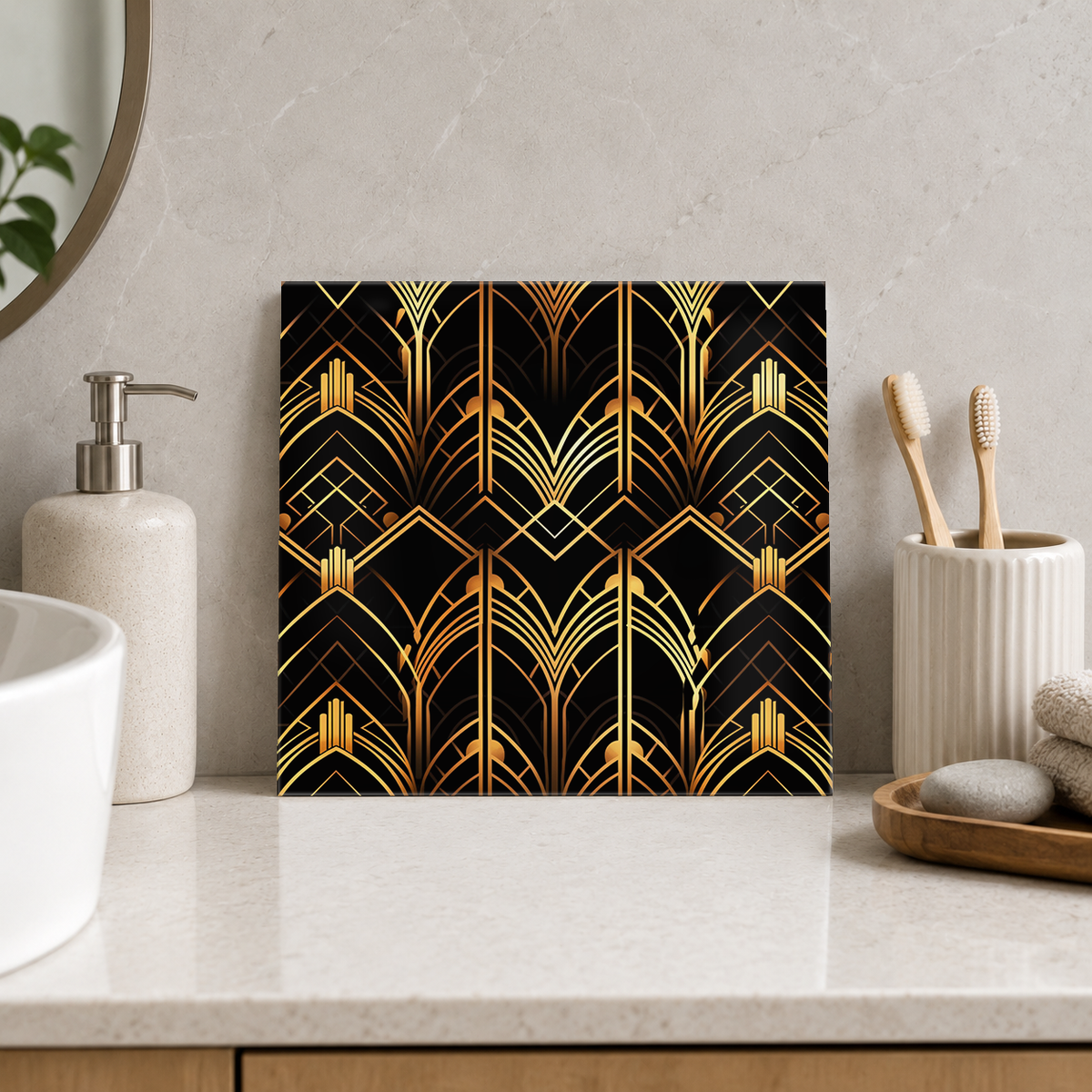 Golden Fountain Arches Tile displayed in the bathroom tile mock-up