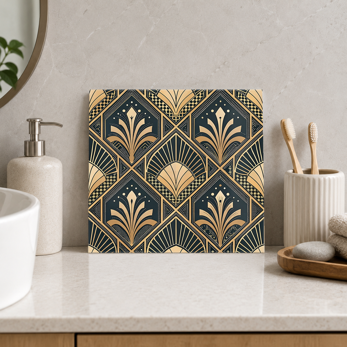 Golden Fronds in Dotted Diamonds Tile displayed in the bathroom tile mock-up