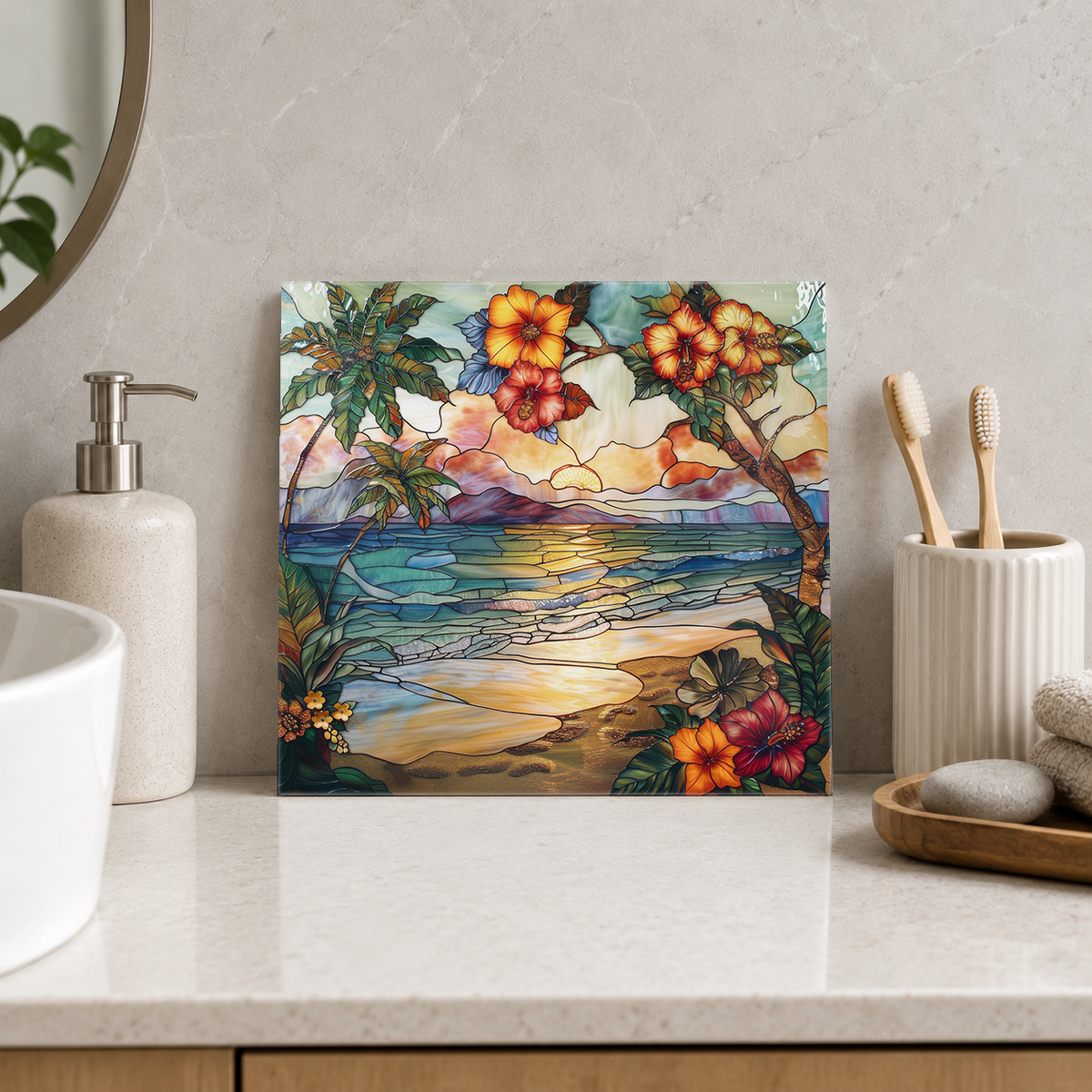 Golden Hibiscus beneath Palms at Sunset Tile displayed in the bathroom tile mock-up
