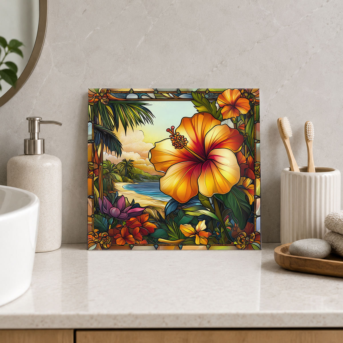 Golden Hibiscus beside Tropical Shore Tile displayed in the bathroom tile mock-up