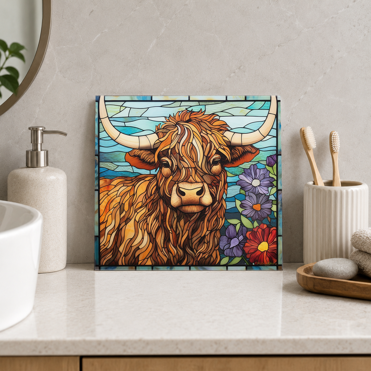 Golden Highland Cow and Wildflowers Tile displayed in the bathroom tile mock-up