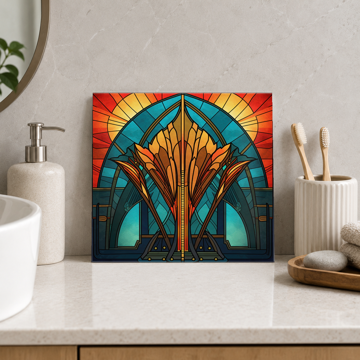 Golden Iris Arch Tile displayed in the bathroom tile mock-up