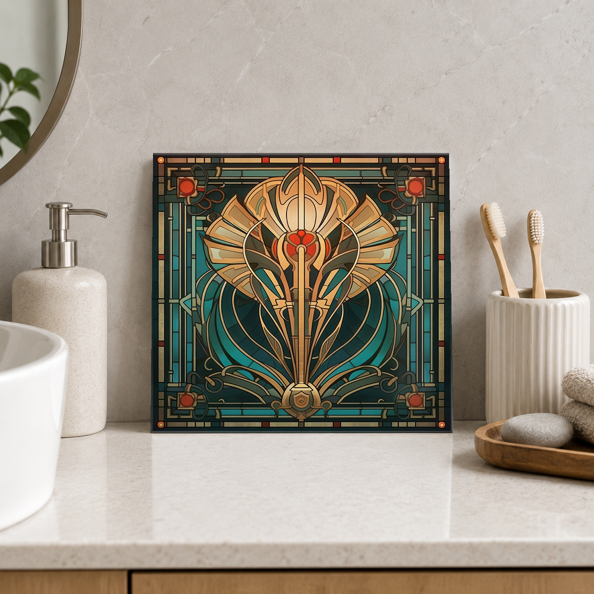 Golden Iris on Emerald Tile displayed in the bathroom tile mock-up