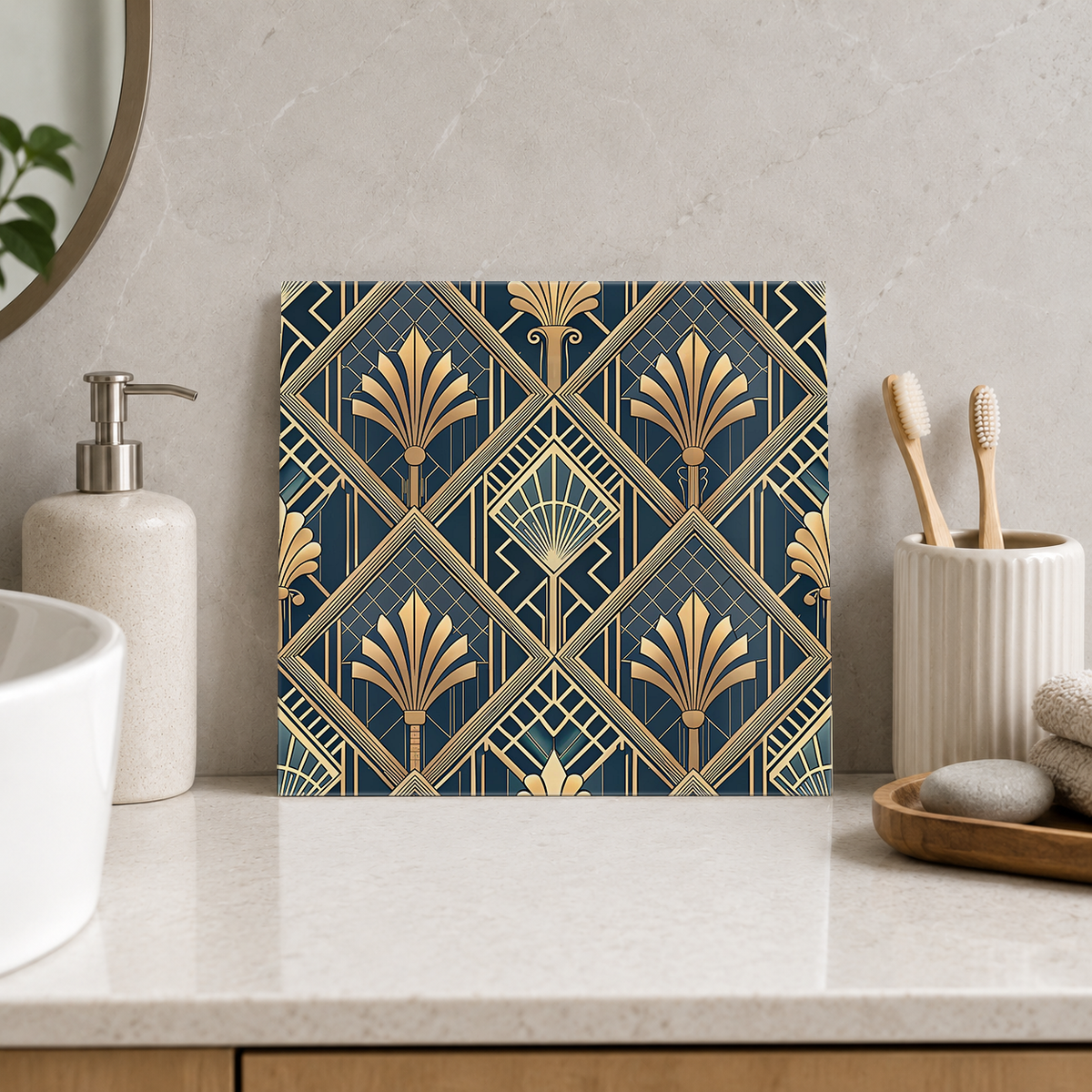 Golden Leaf Diamond Columns Tile displayed in the bathroom tile mock-up