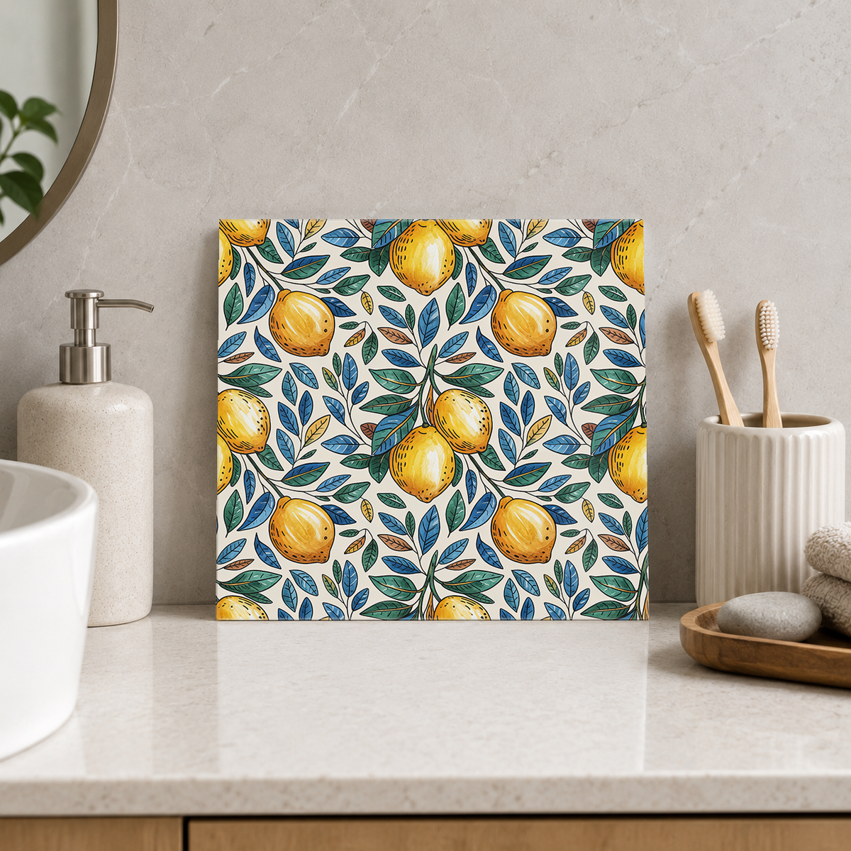 Golden Lemon Grove Tile displayed in the bathroom tile mock-up