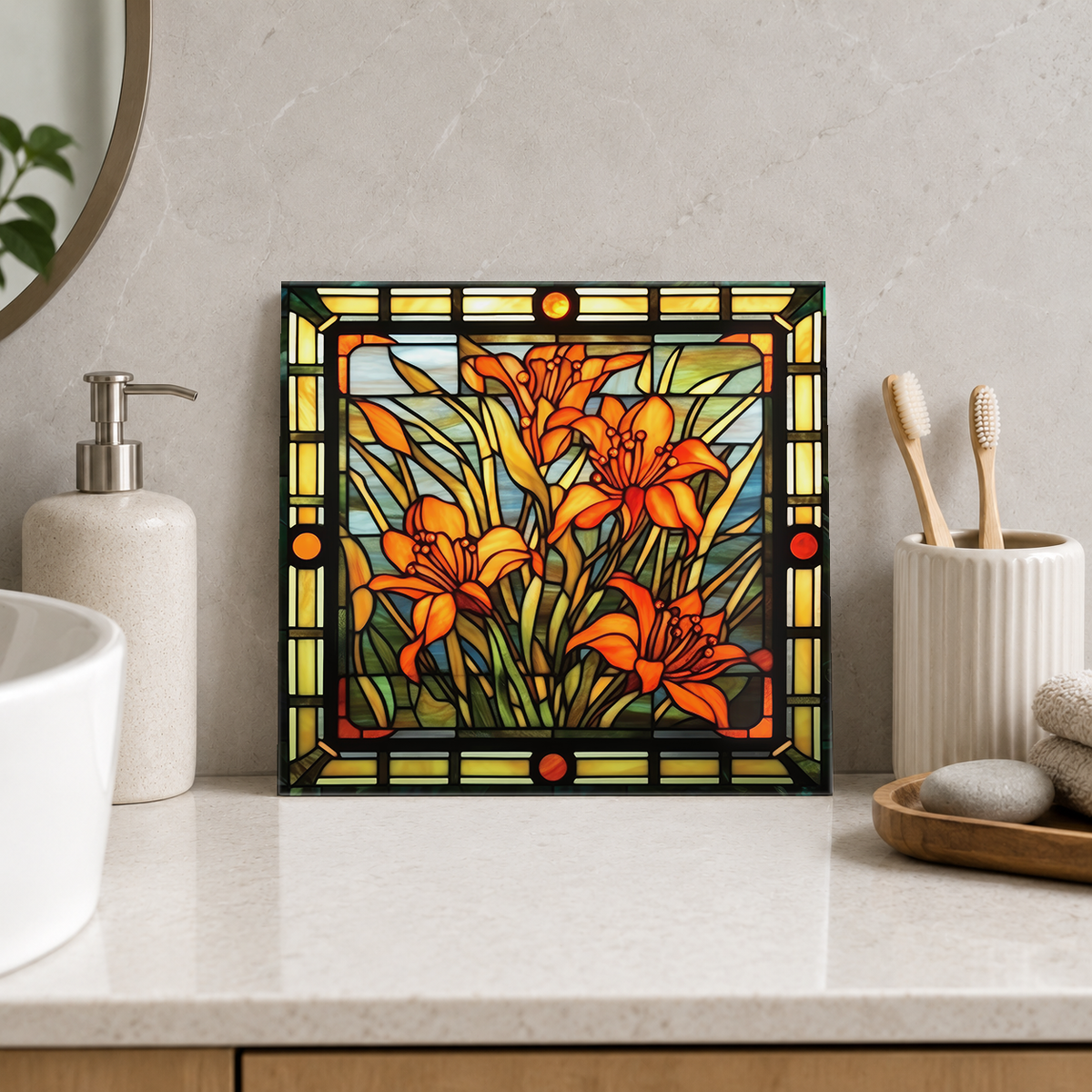 Golden Lily Bouquet in Geometric Frame Tile displayed in the bathroom tile mock-up